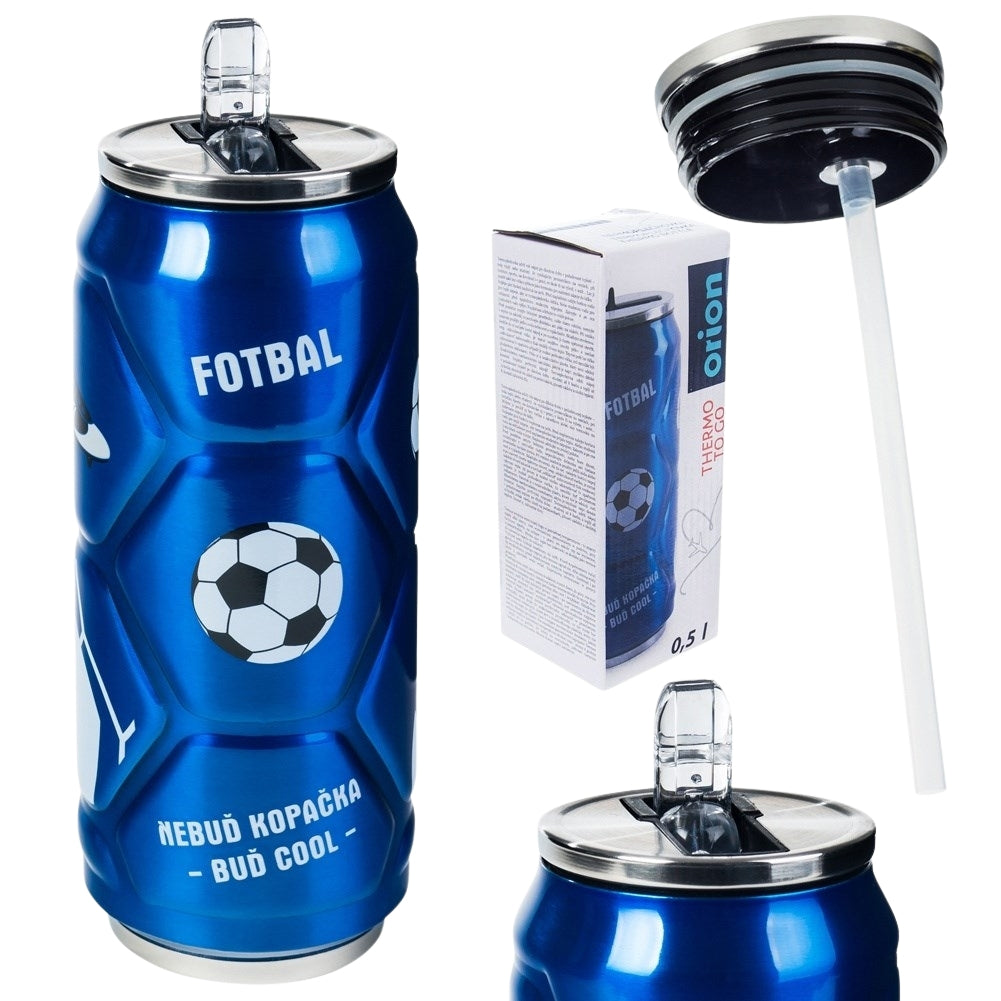 Thermos mug in can form with spout and straw, lasts 12 hours
