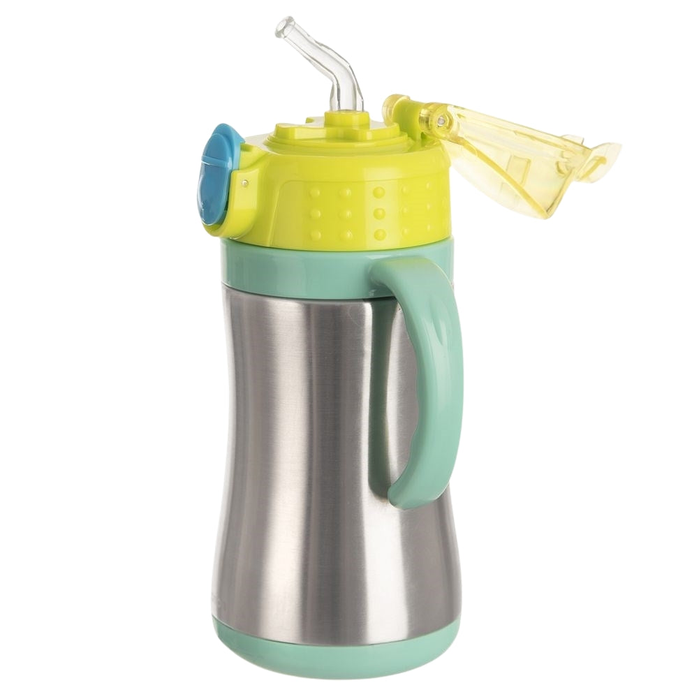 Thermos mug with handle, drinking spout and lockable steel lid
