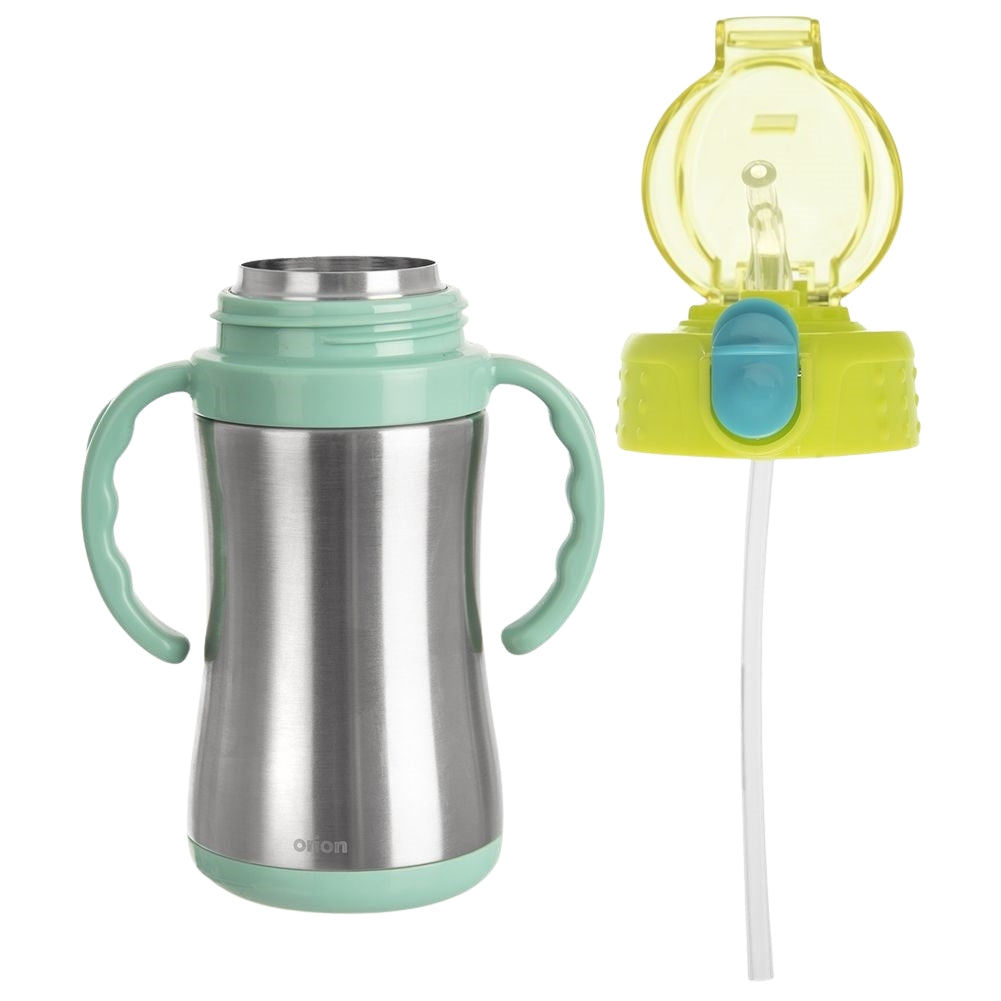 Thermos mug with handle, drinking spout and lockable steel lid