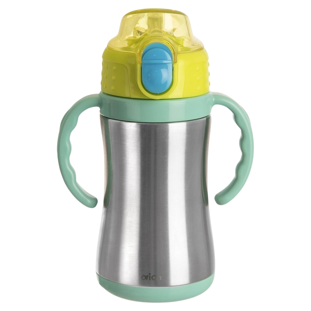 Thermos mug with handle, drinking spout and lockable steel lid