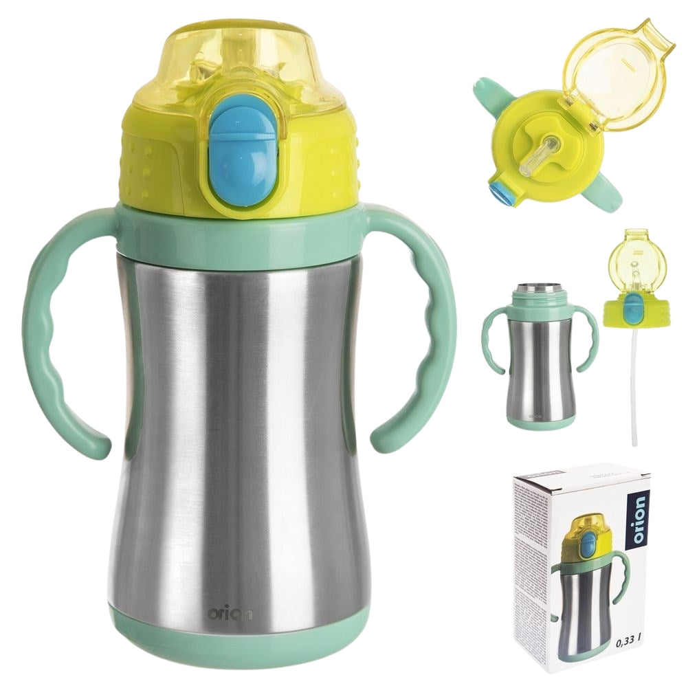 Thermos mug with handle, drinking spout and lockable steel lid