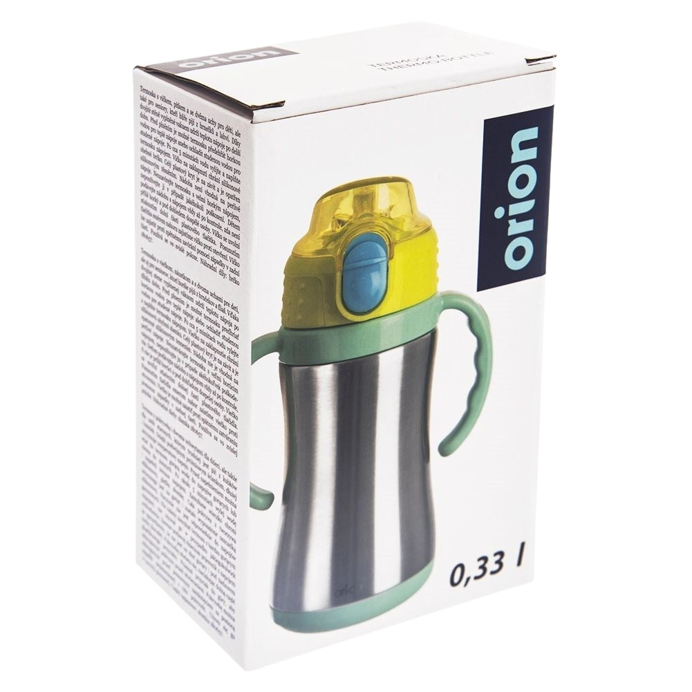 Thermos mug with handle, drinking spout and lockable steel lid