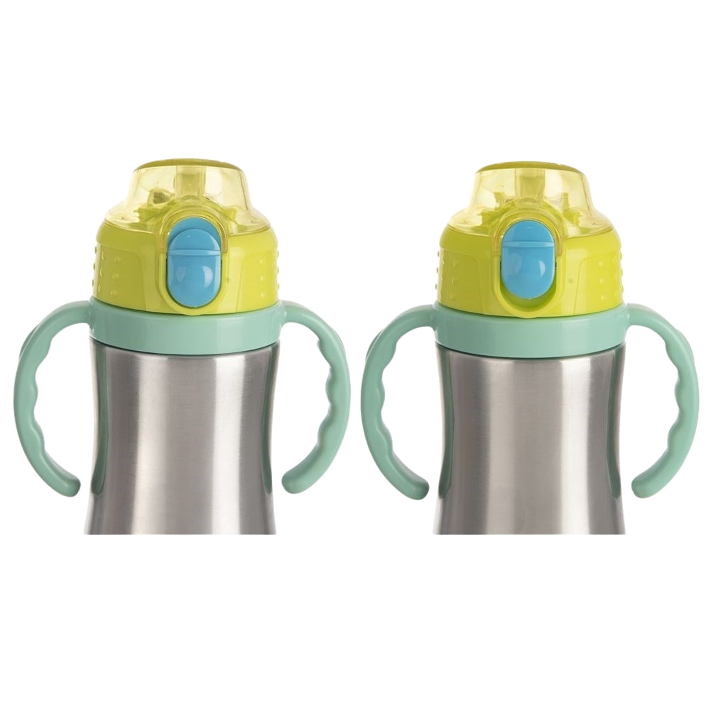 Thermos mug with handle, drinking spout and lockable steel lid
