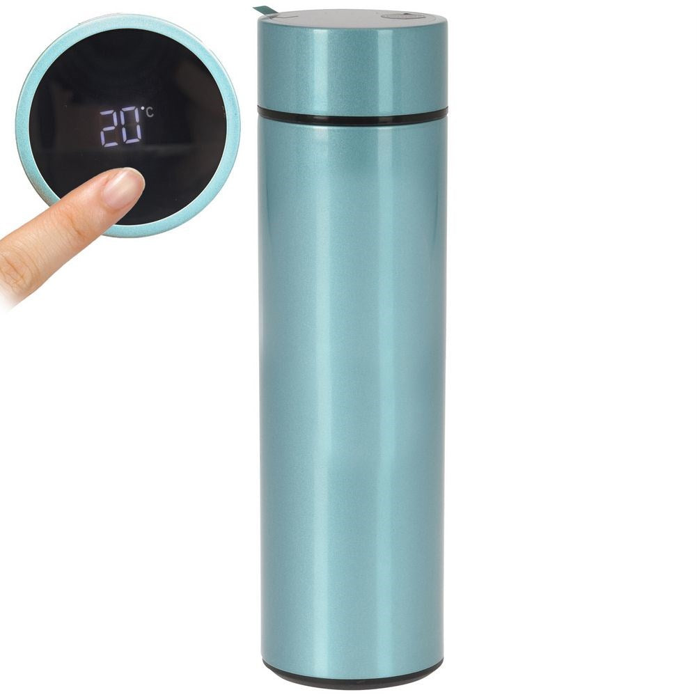 Thermos with thermometer, steel, blue, 450 ml