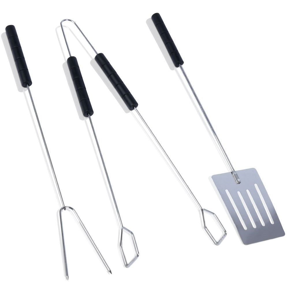 The ultimate barbecue set: 3 tools in chrome steel with plastic handles