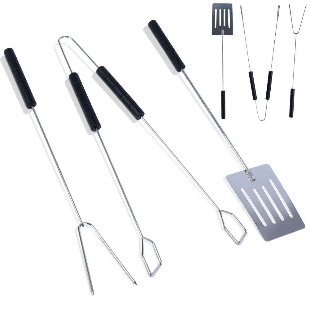 The ultimate barbecue set: 3 tools in chrome steel with plastic handles