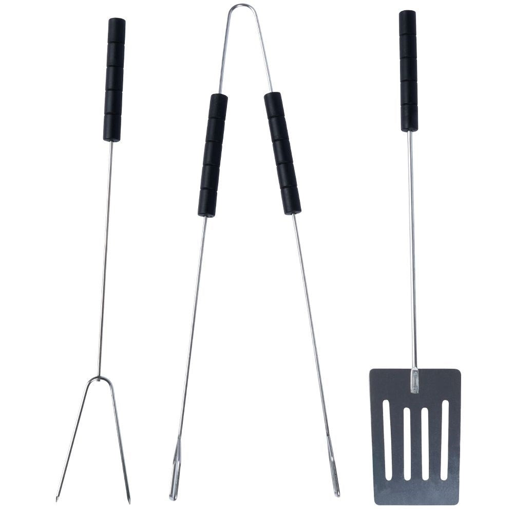 The ultimate barbecue set: 3 tools in chrome steel with plastic handles