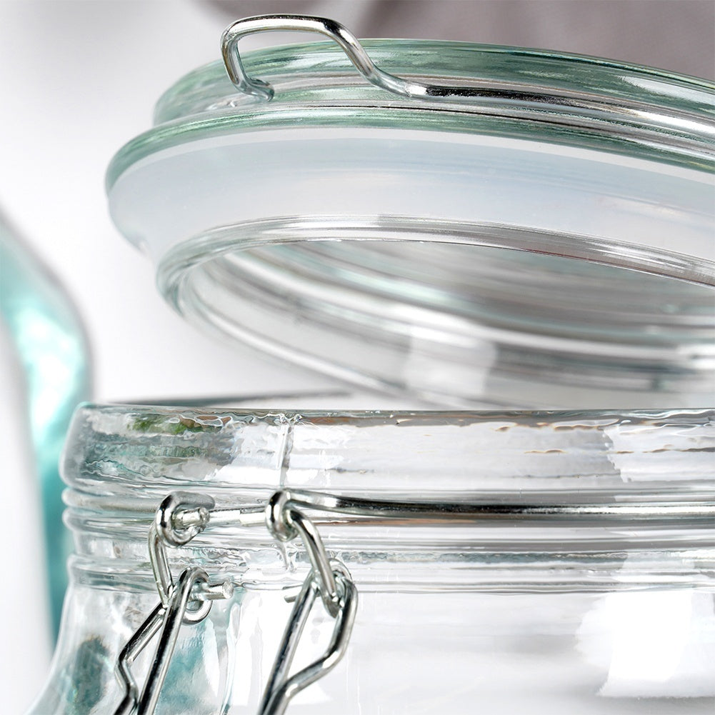 Thick glass jar with tight lid and rubber seal