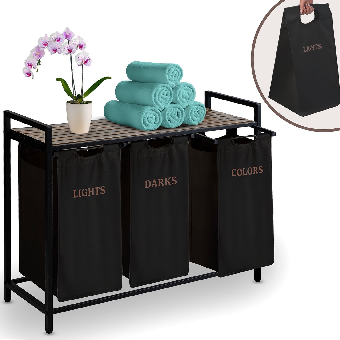 Three-Compartment Laundry Basket on Frame, 120L Capacity