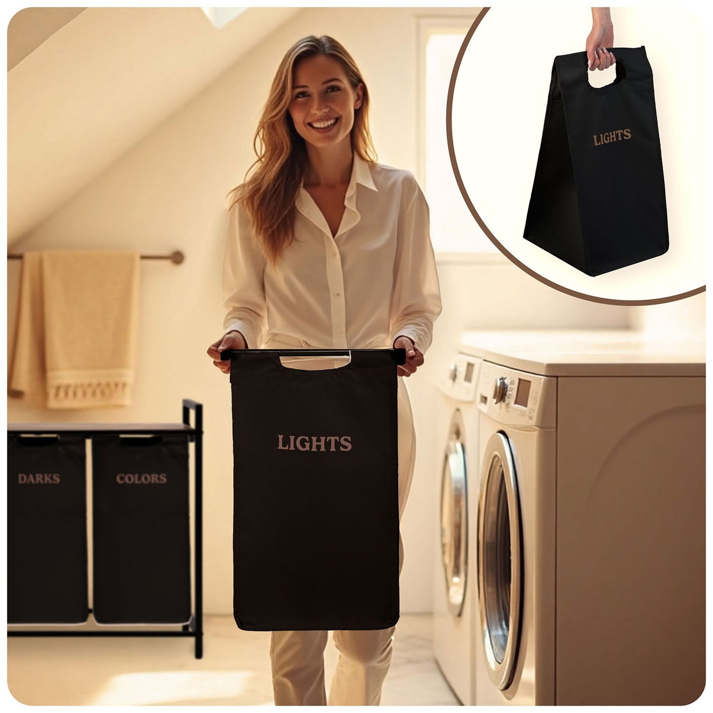 Three-Compartment Laundry Basket on Frame, 120L Capacity