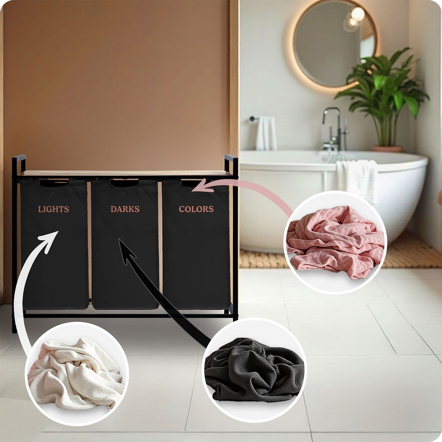 Three-Compartment Laundry Basket on Frame, 120L Capacity