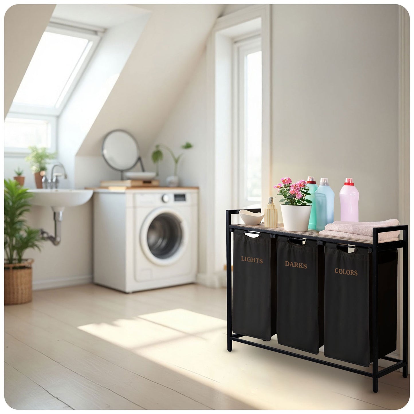 Three-Compartment Laundry Basket on Frame, 120L Capacity