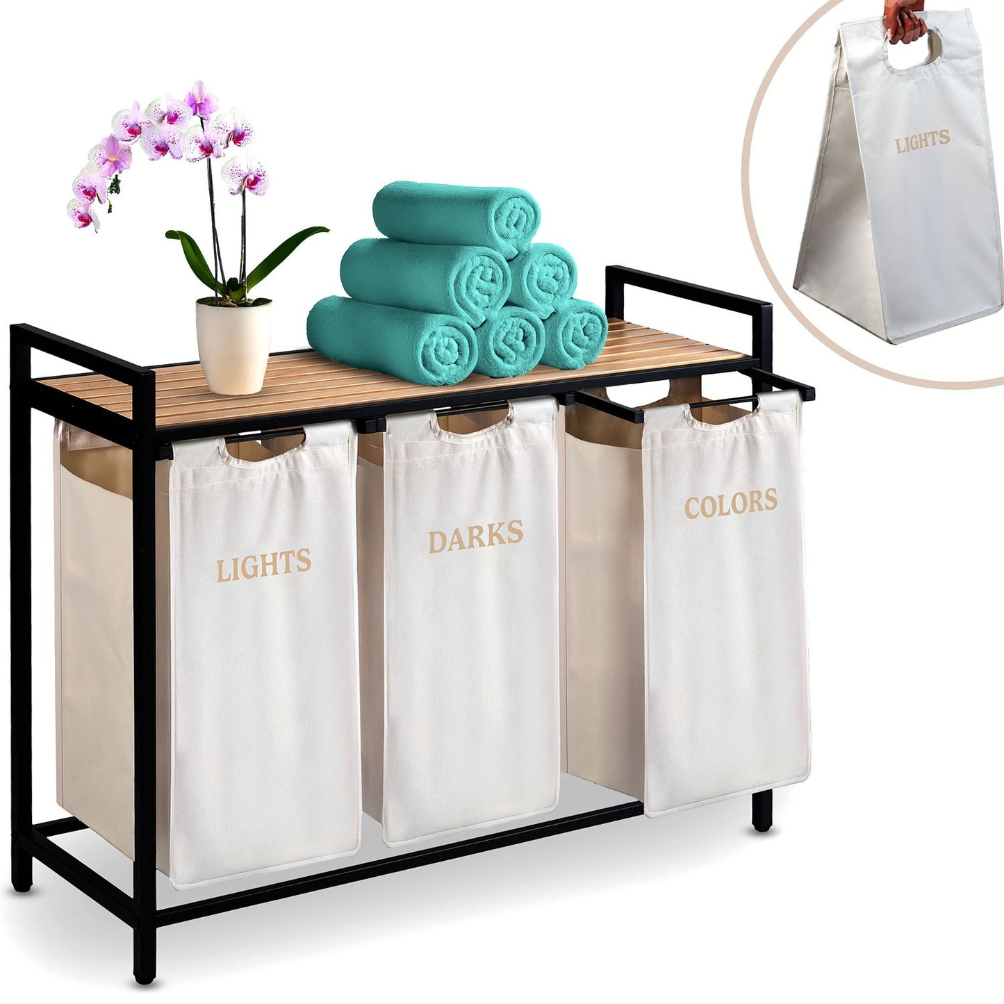 Three-Compartment Laundry Basket on Stand, 120L Capacity