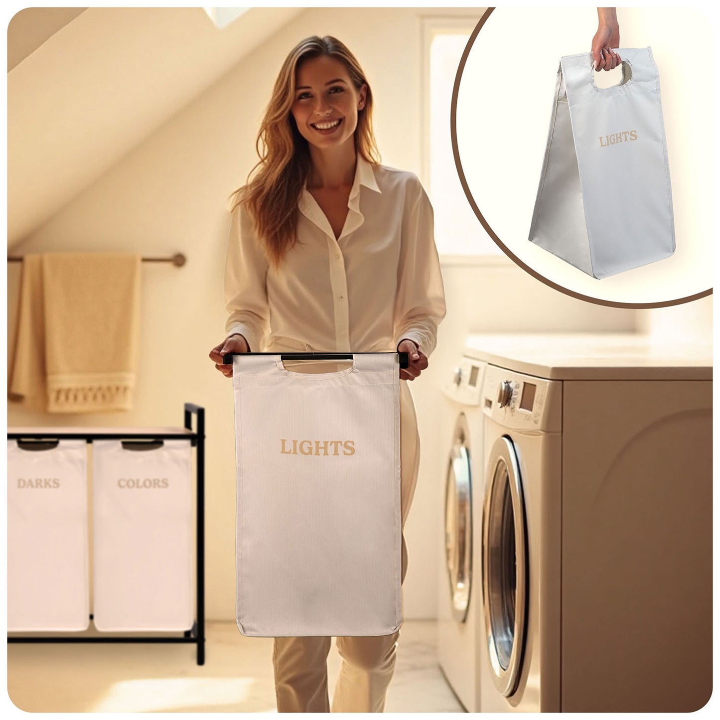 Three-Compartment Laundry Basket on Stand, 120L Capacity
