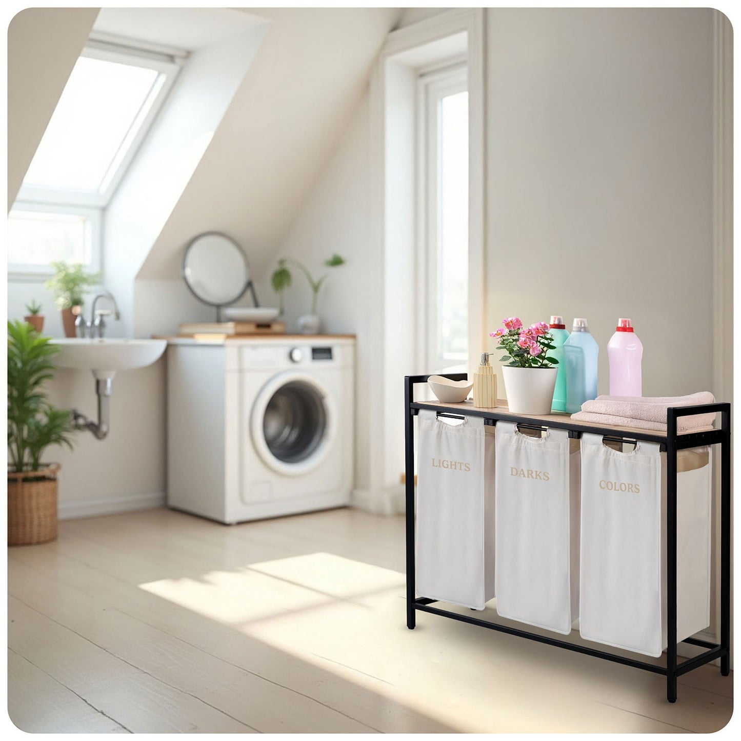 Three-Compartment Laundry Basket on Stand, 120L Capacity