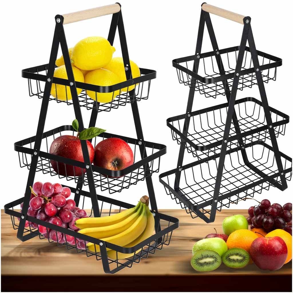 Three-Tier Metal & Wood Fruit Basket, Black