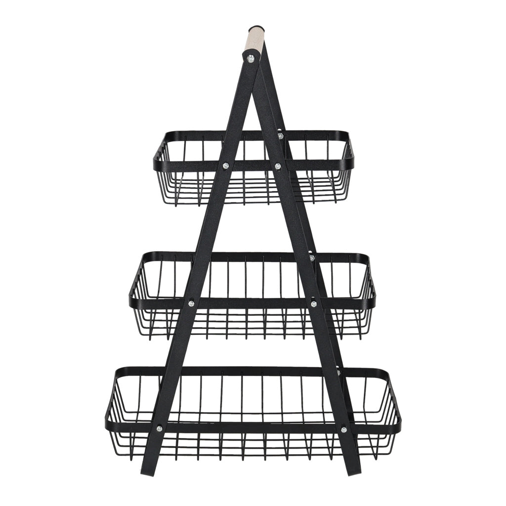 Three-Tier Metal & Wood Fruit Basket, Black