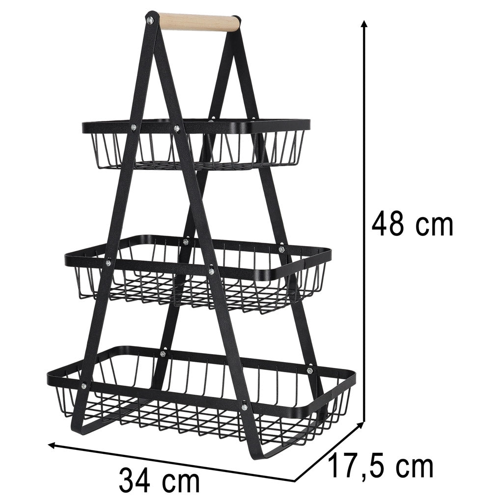 Three-Tier Metal & Wood Fruit Basket, Black