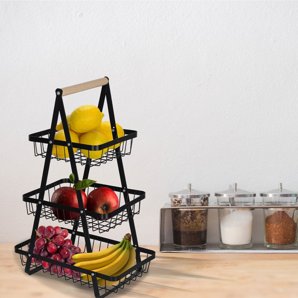 Three-Tier Metal & Wood Fruit Basket, Black