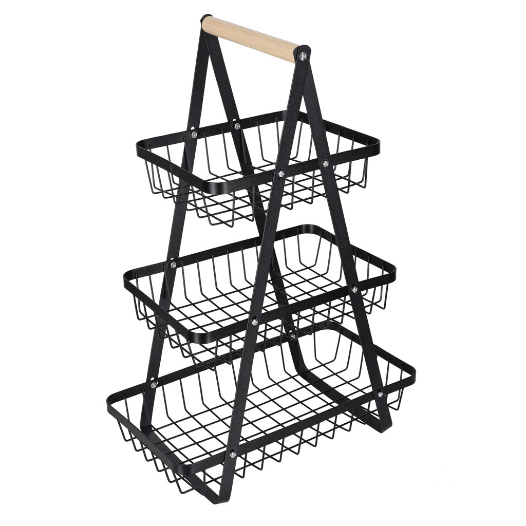 Three-Tier Metal & Wood Fruit Basket, Black