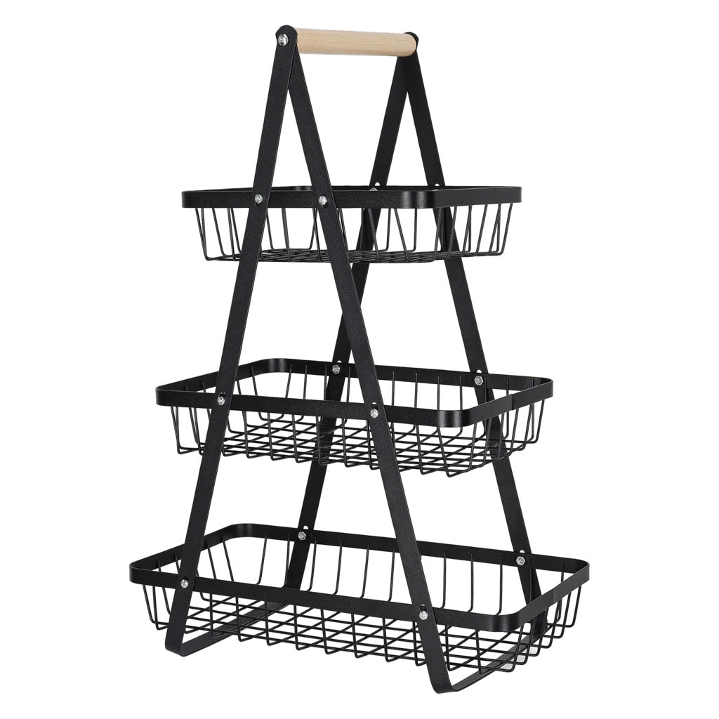 Three-Tier Metal & Wood Fruit Basket, Black