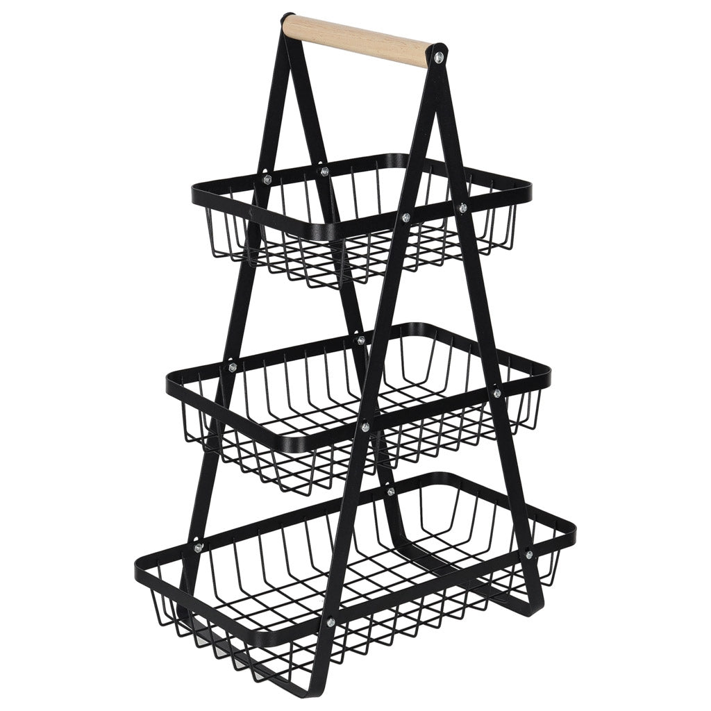 Three-Tier Metal & Wood Fruit Basket, Black