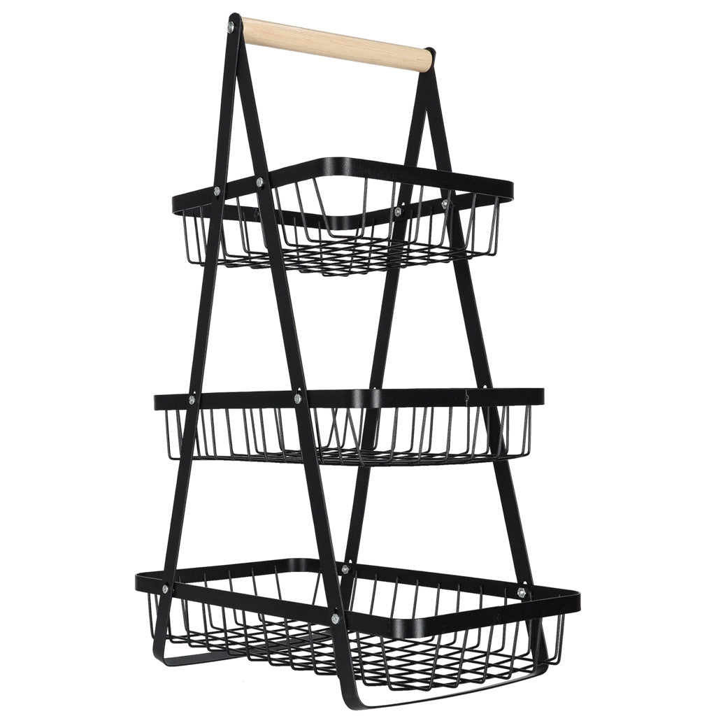 Three-Tier Metal & Wood Fruit Basket, Black