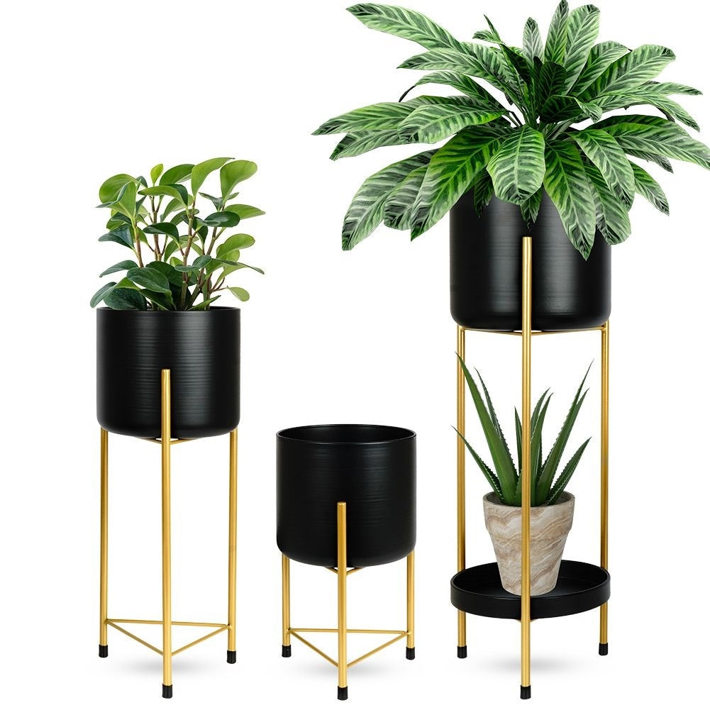 Three black flower pots on gold stand for elegant plant display