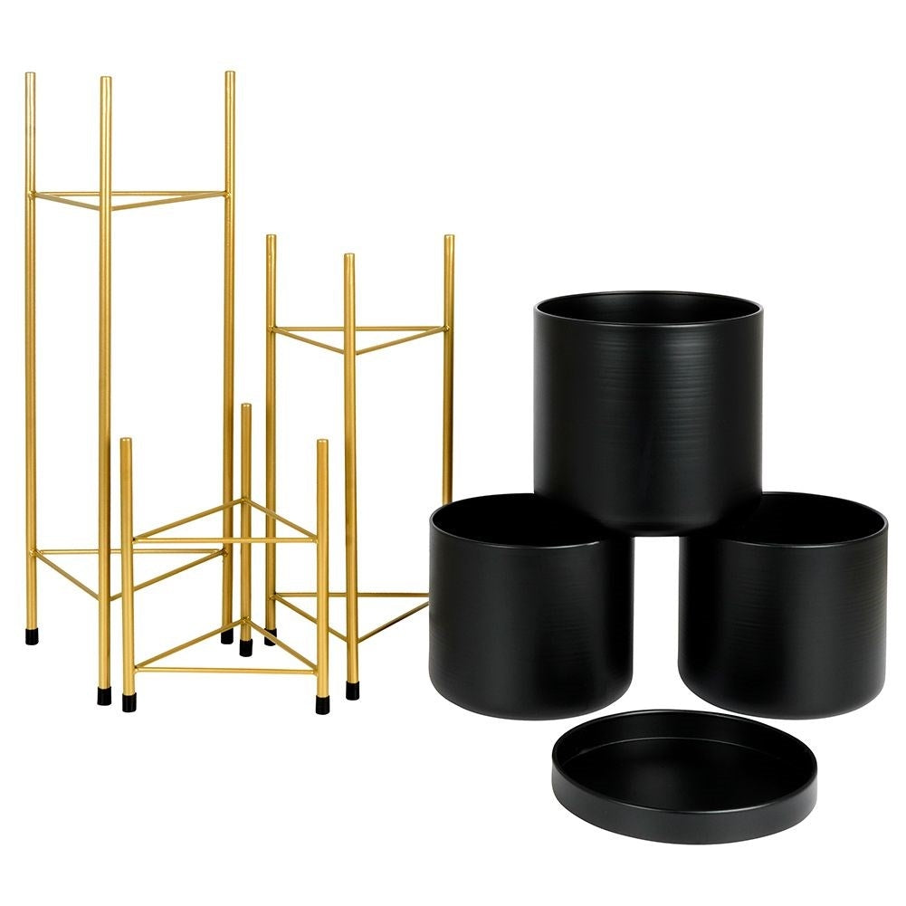 Three black flower pots on gold stand for elegant plant display