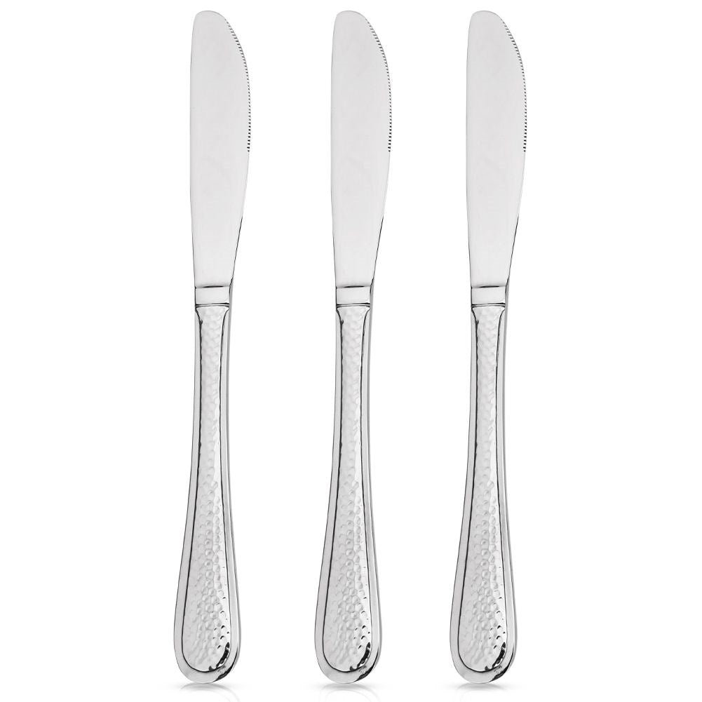 Three dinner knives in stainless steel with a hammered effect