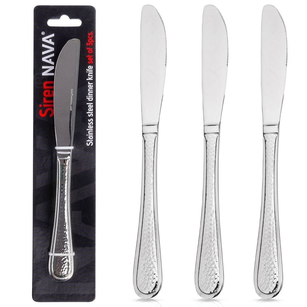 Three dinner knives in stainless steel with a hammered effect