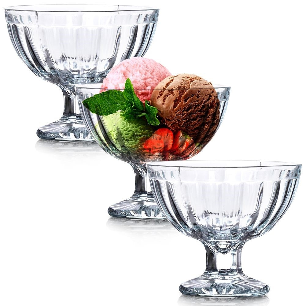 Three elegant glass dessert bowls, dishwasher safe