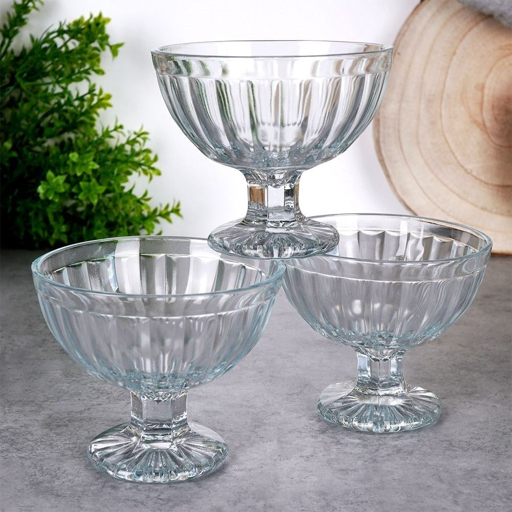 Three elegant glass dessert bowls, dishwasher safe