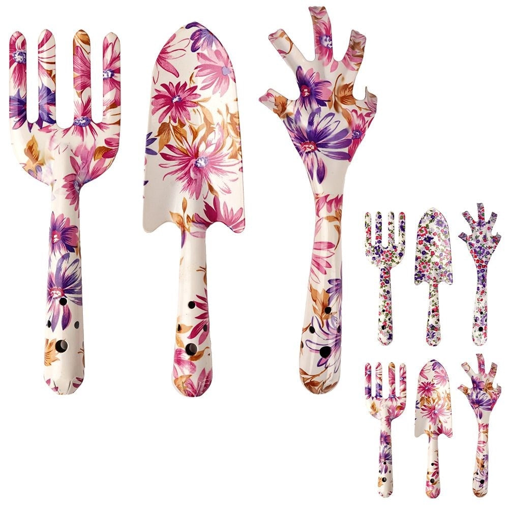 Three essential garden tools with floral patterns