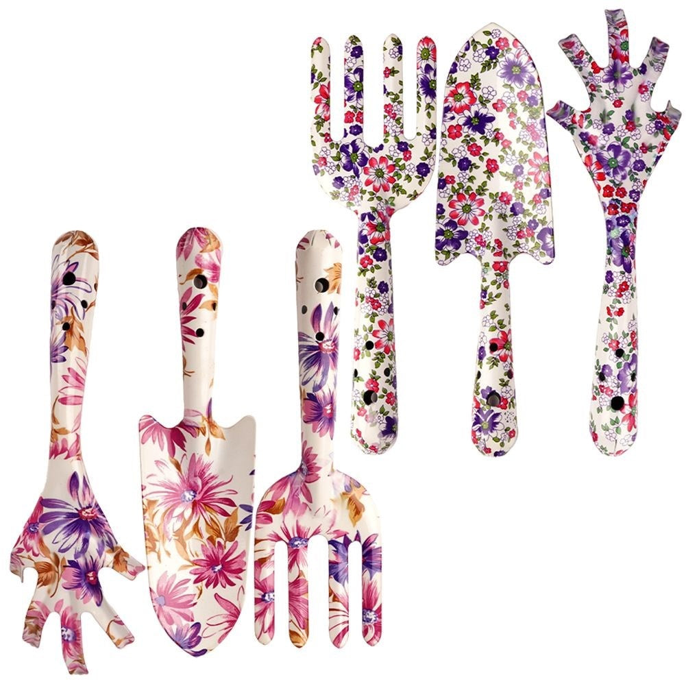 Three essential garden tools with floral patterns