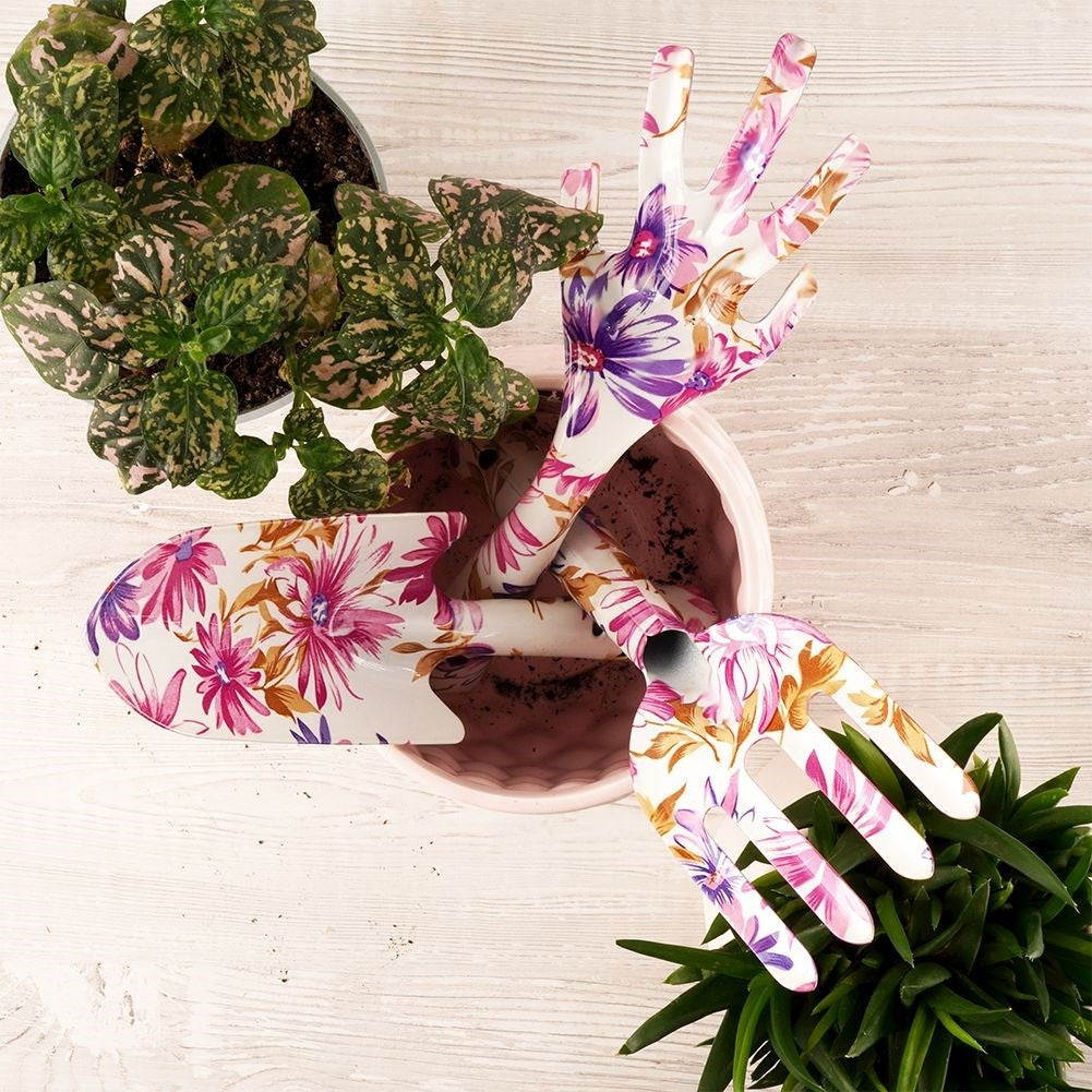 Three essential garden tools with floral patterns