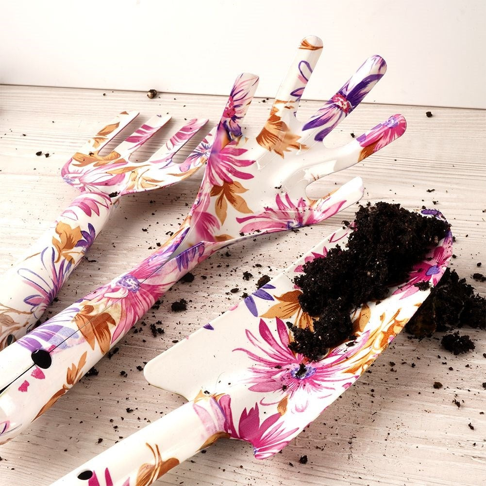 Three essential garden tools with floral patterns