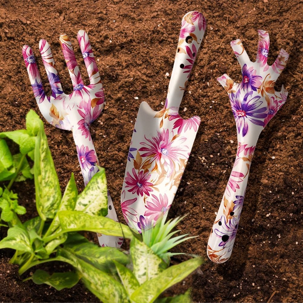 Three essential garden tools with floral patterns