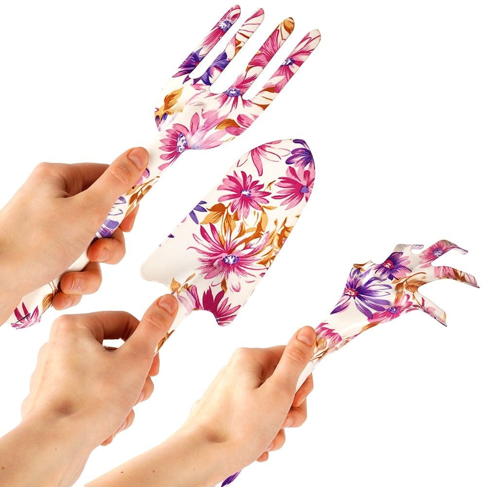 Three essential garden tools with floral patterns