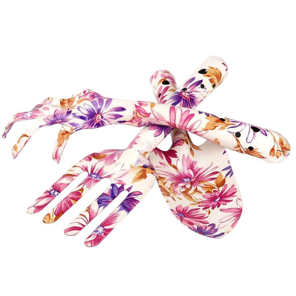 Three essential garden tools with floral patterns