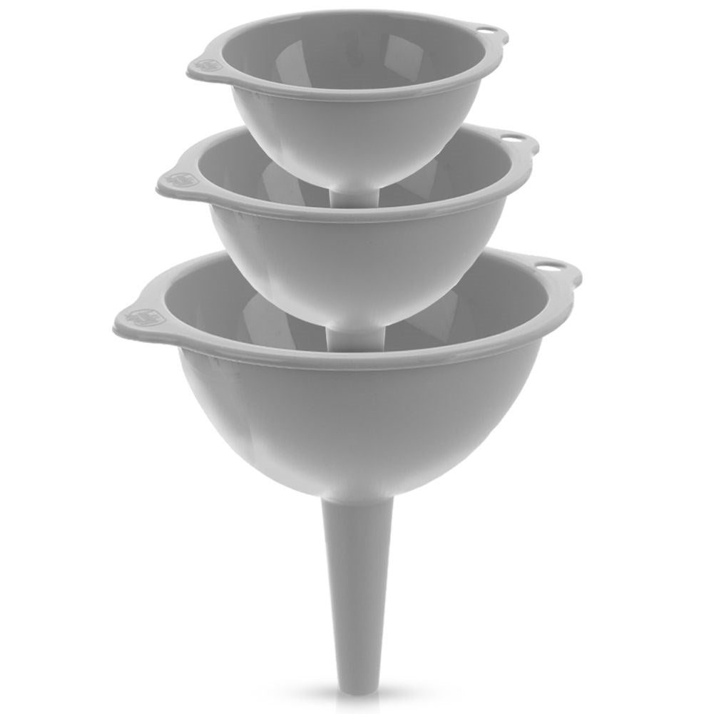 Three kitchen funnels in different sizes, transparent material