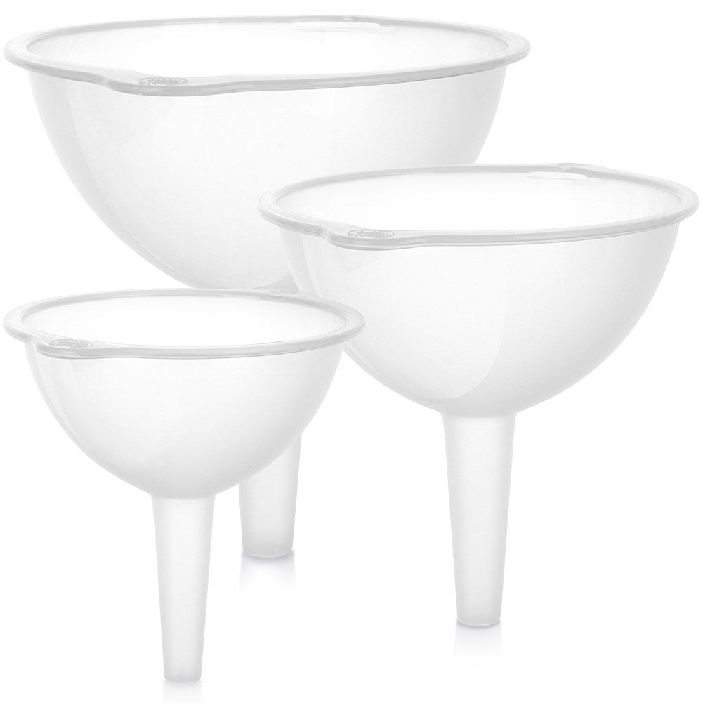 Three kitchen funnels in different sizes, transparent material