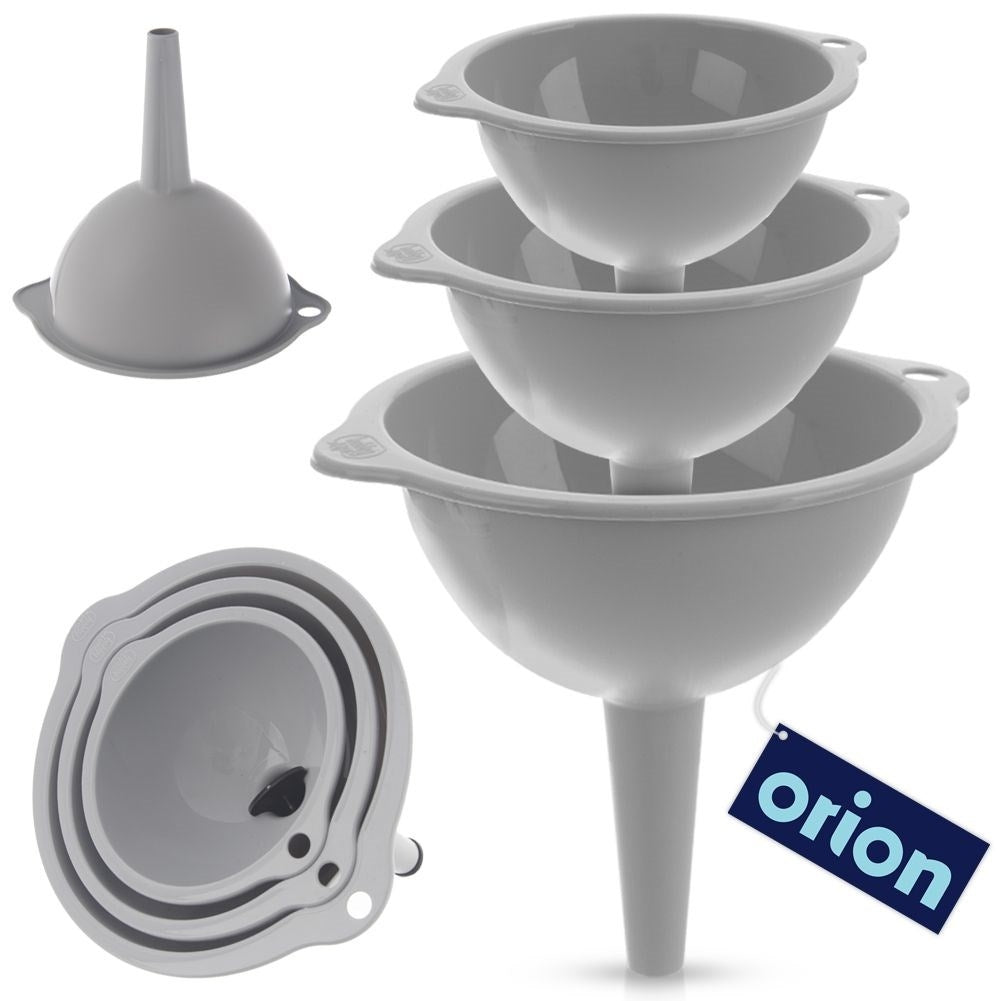 Three kitchen funnels in different sizes, transparent material