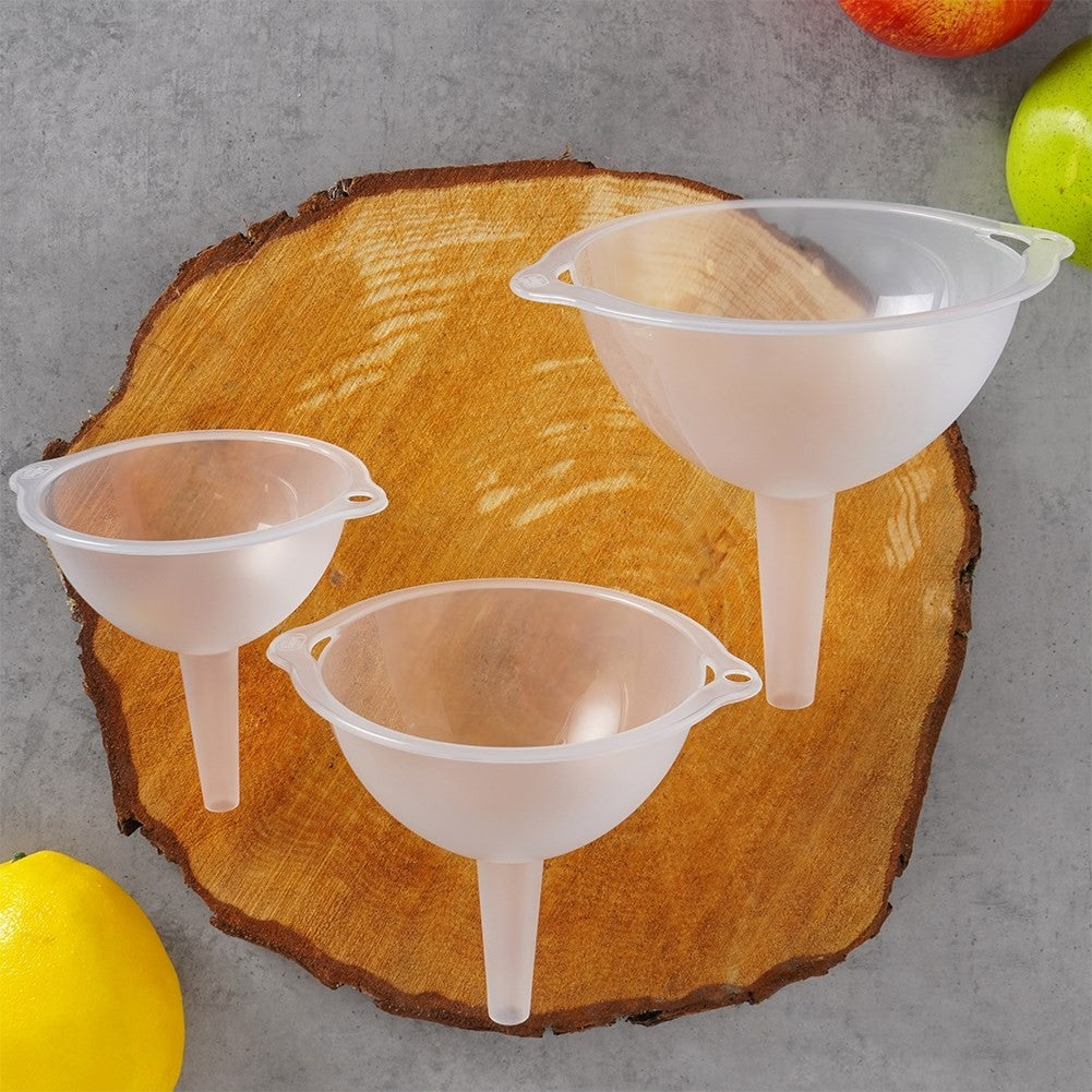 Three kitchen funnels in different sizes, transparent material