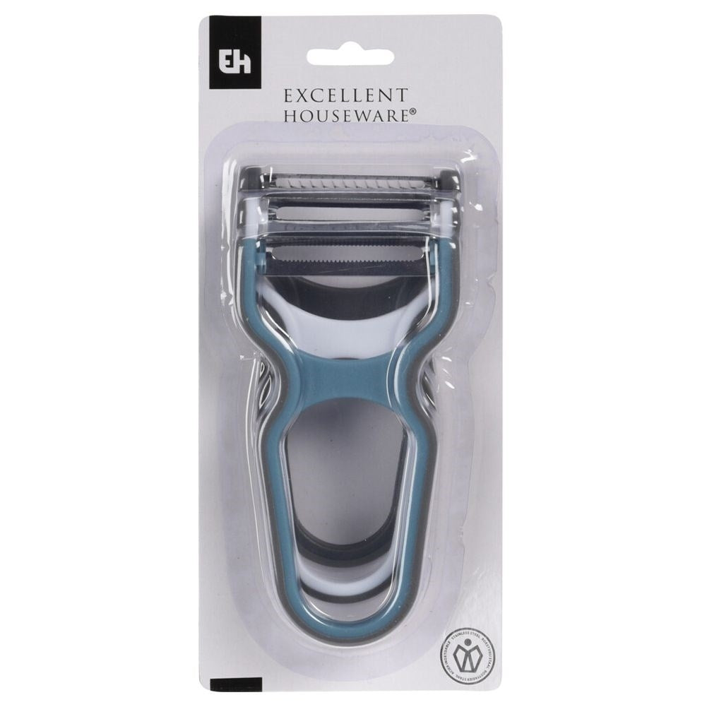 Three kitchen peelers with non-slip handles for easy peeling