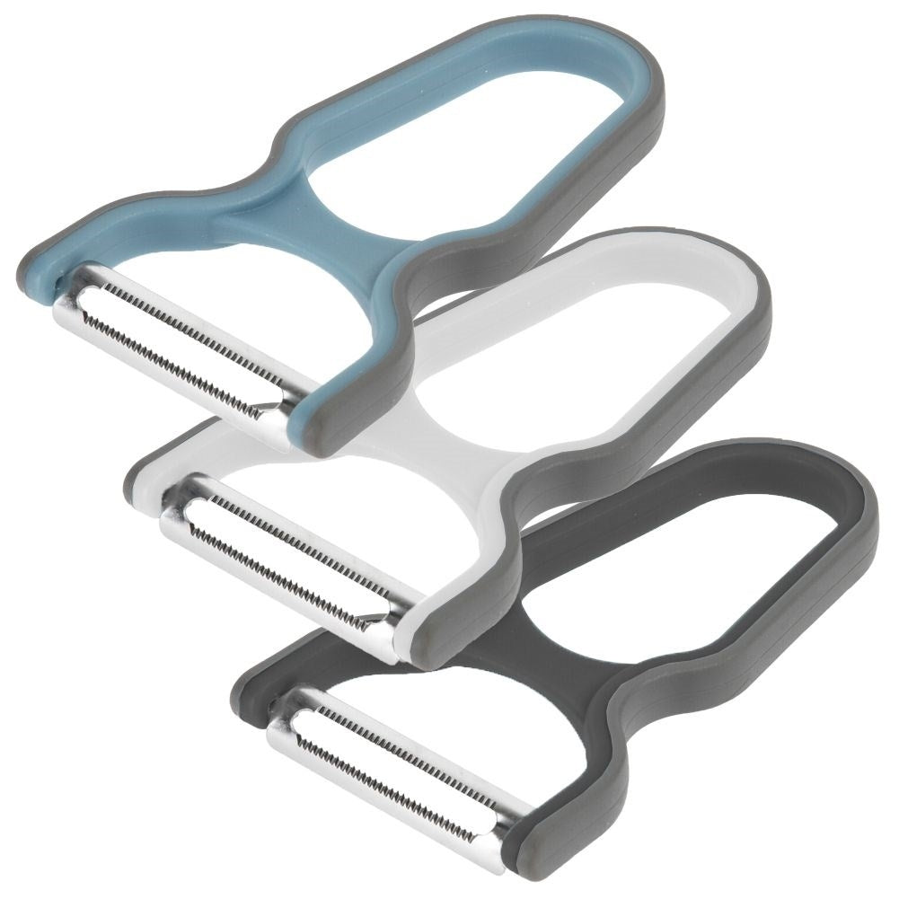 Three kitchen peelers with non-slip handles for easy peeling