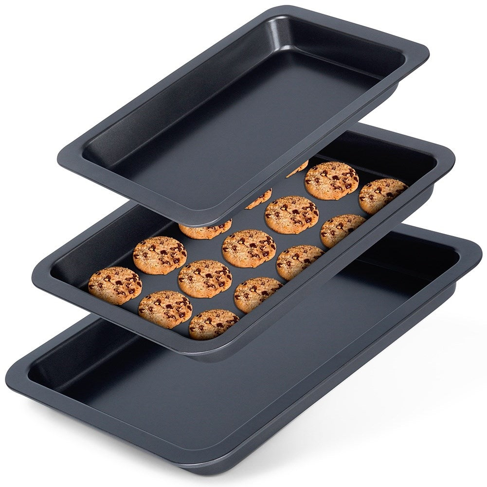 Three rectangular baking trays with non-stick coating