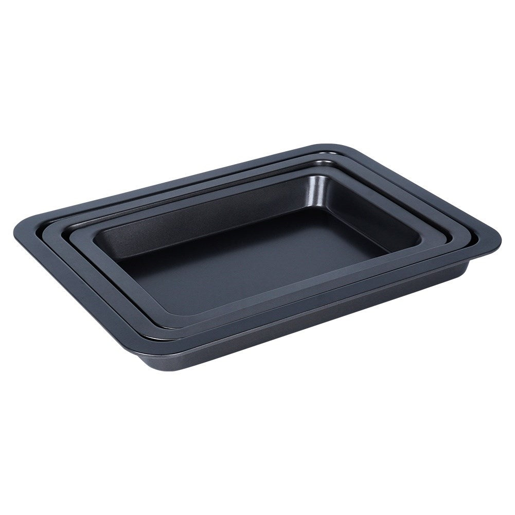 Three rectangular baking trays with non-stick coating