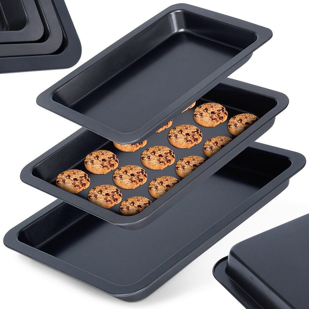 Three rectangular baking trays with non-stick coating