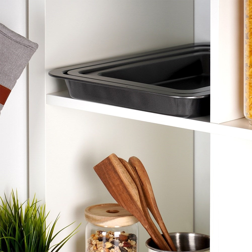 Three rectangular baking trays with non-stick coating